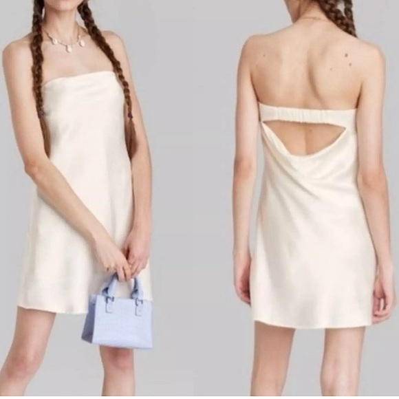 Wild Fable Satin Tube Bandeau Strapless Slip Mini Dress Ivory Champagne Sz S - Picture 13 of 13
